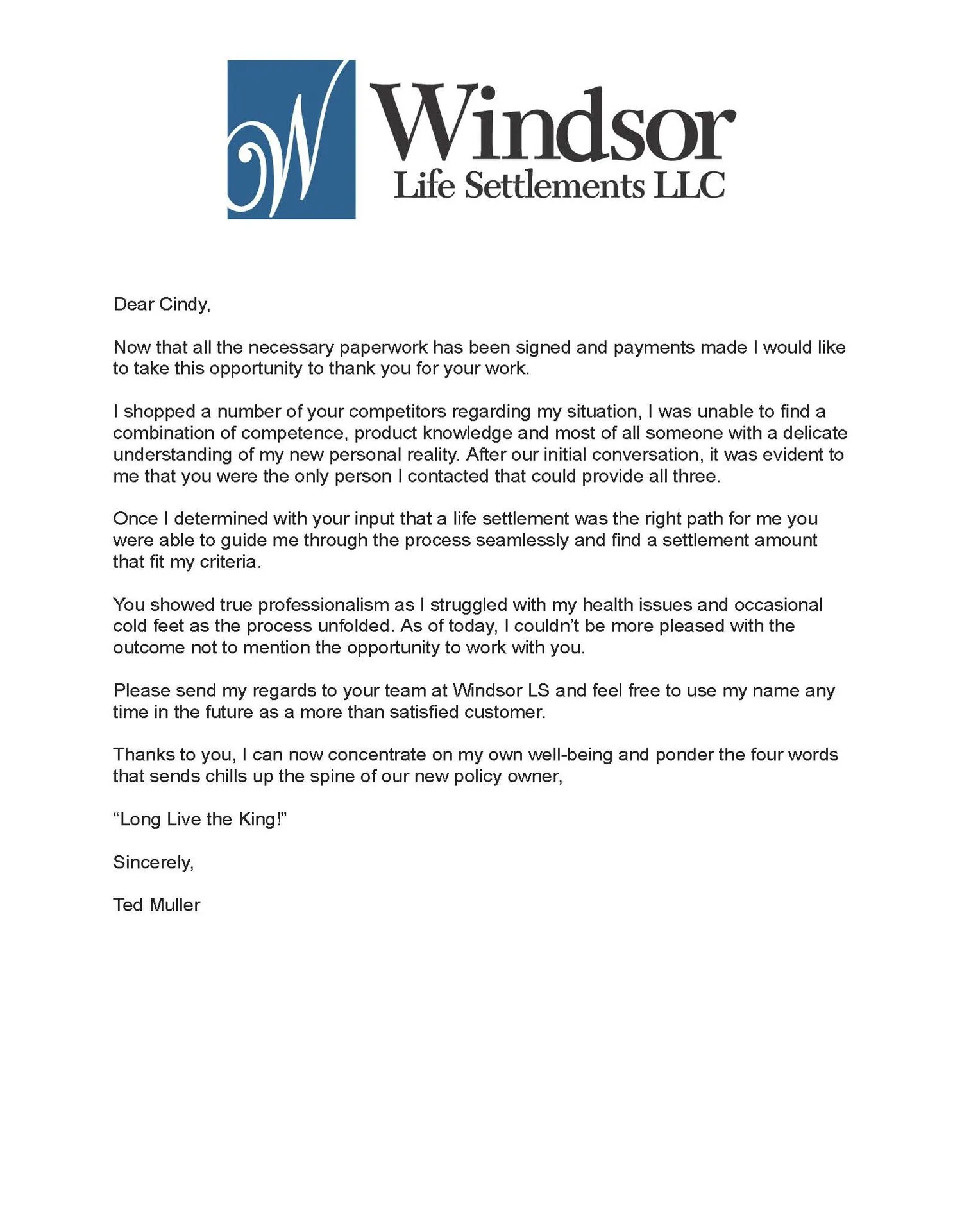 Email from Ted Muller to Cindy Deacon at Windsor Life Settlements, page 2 of 3