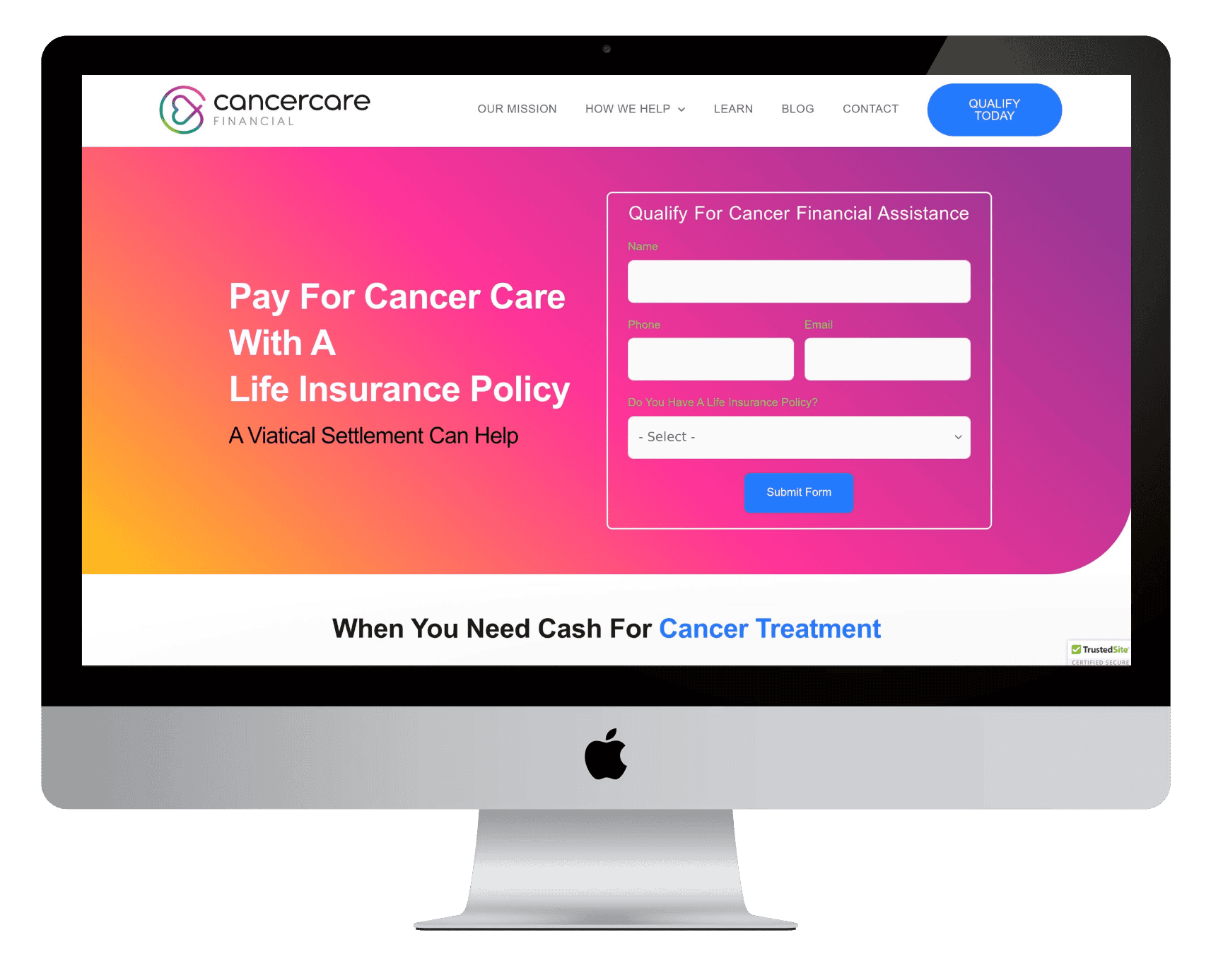 Cancer Care Financial homepage shown on a desktop monitor