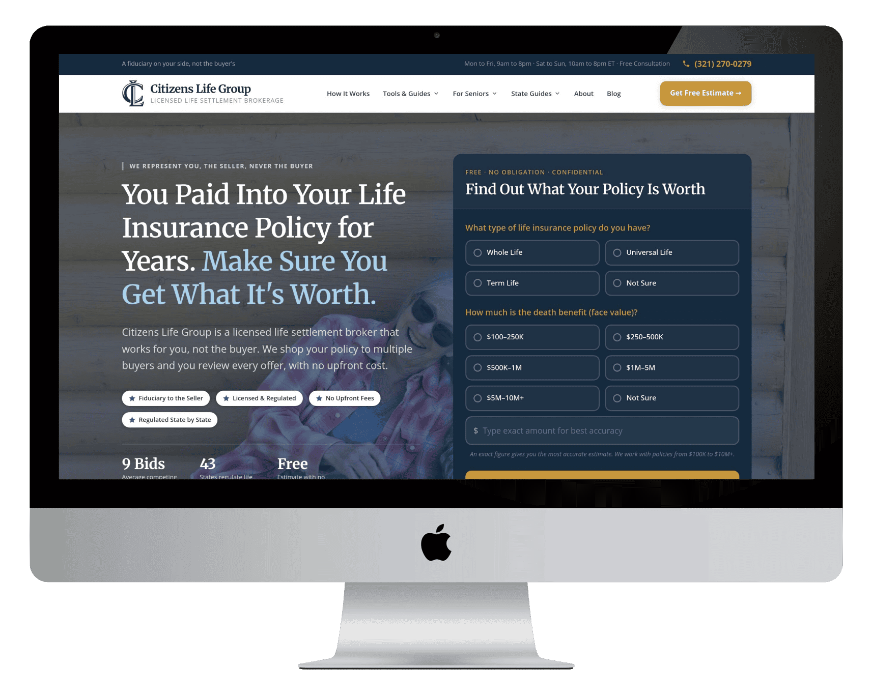 Citizens Life Group homepage shown on a desktop monitor