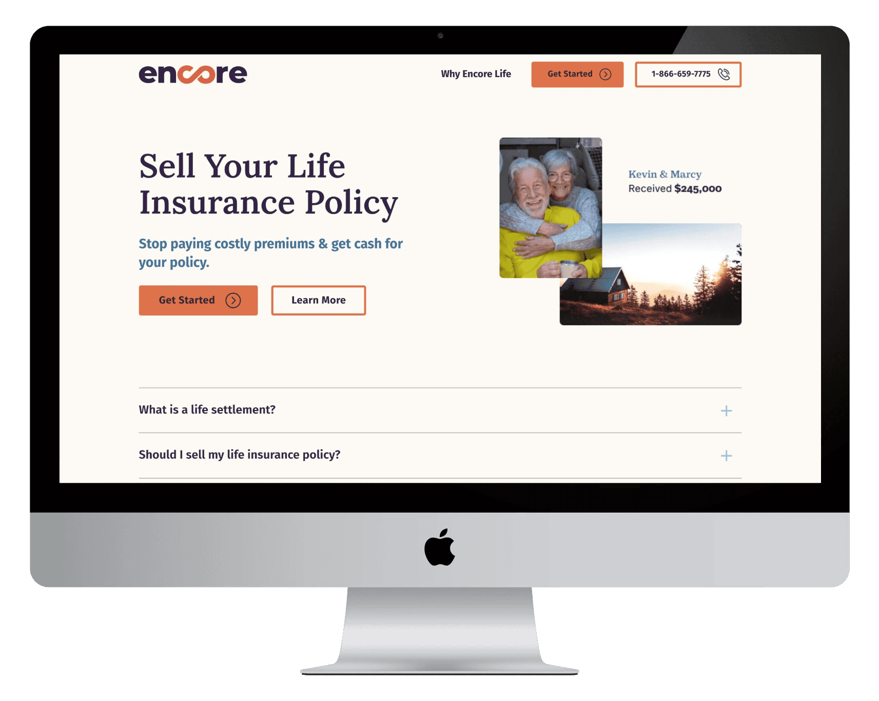 Encore Life Settlements homepage shown on a desktop monitor